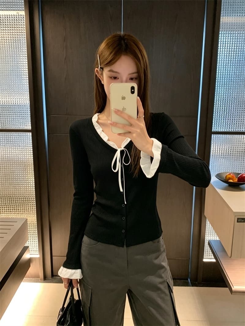 실사 페이크 레이어드 레이스 V넥 니트 스웨터 티셔츠 여성 디자인 센스 몸매 가꾸기 긴팔 맨위 이미지 3