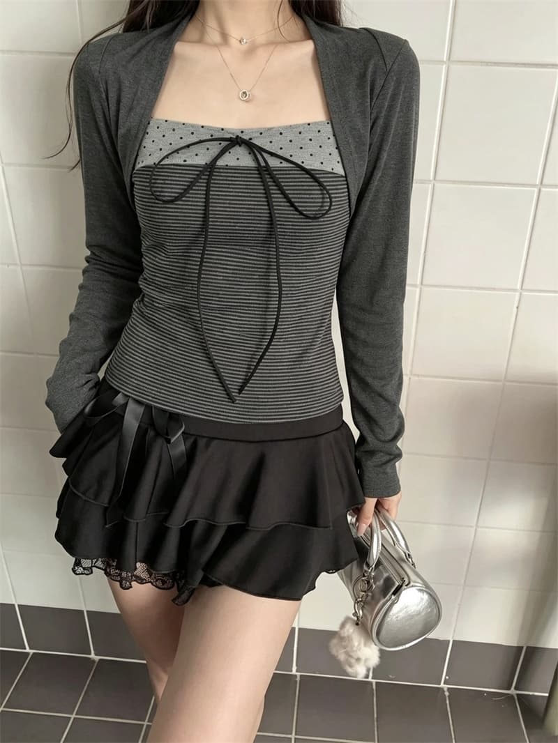 실사 한 부서 광장 칼라 배색 나비 매듭 페이크 레이어드 긴팔 티셔츠 여성 봄 가을 새로운 몸매 가꾸기 기본 셔츠 맨위 이미지 3