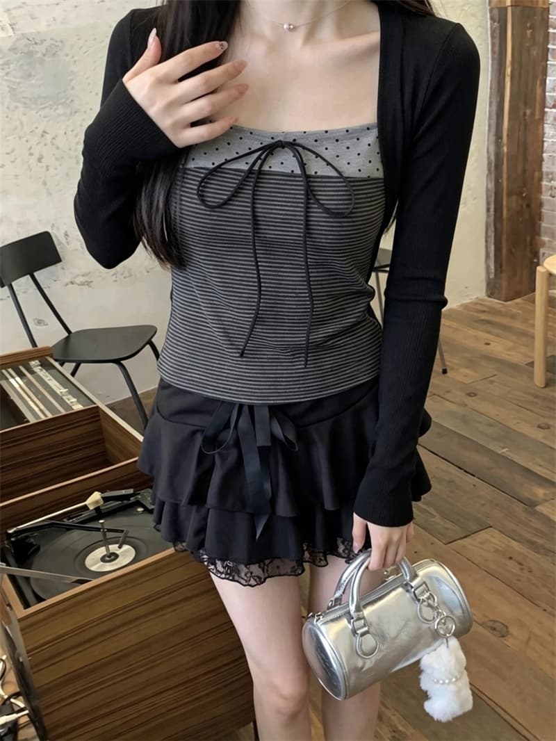 실사 한 부서 광장 칼라 배색 나비 매듭 페이크 레이어드 긴팔 티셔츠 여성 봄 가을 새로운 몸매 가꾸기 기본 셔츠 맨위 이미지 2