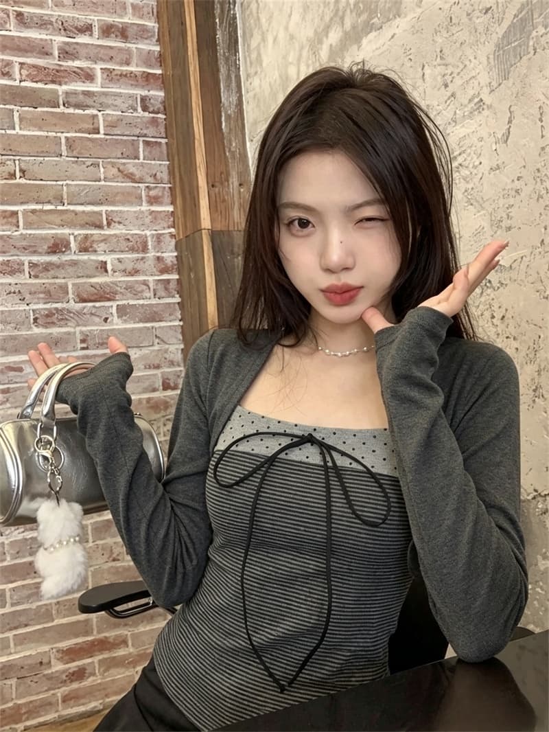 실사 한 부서 광장 칼라 배색 나비 매듭 페이크 레이어드 긴팔 티셔츠 여성 봄 가을 새로운 몸매 가꾸기 기본 셔츠 맨위 상세 이미지 1
