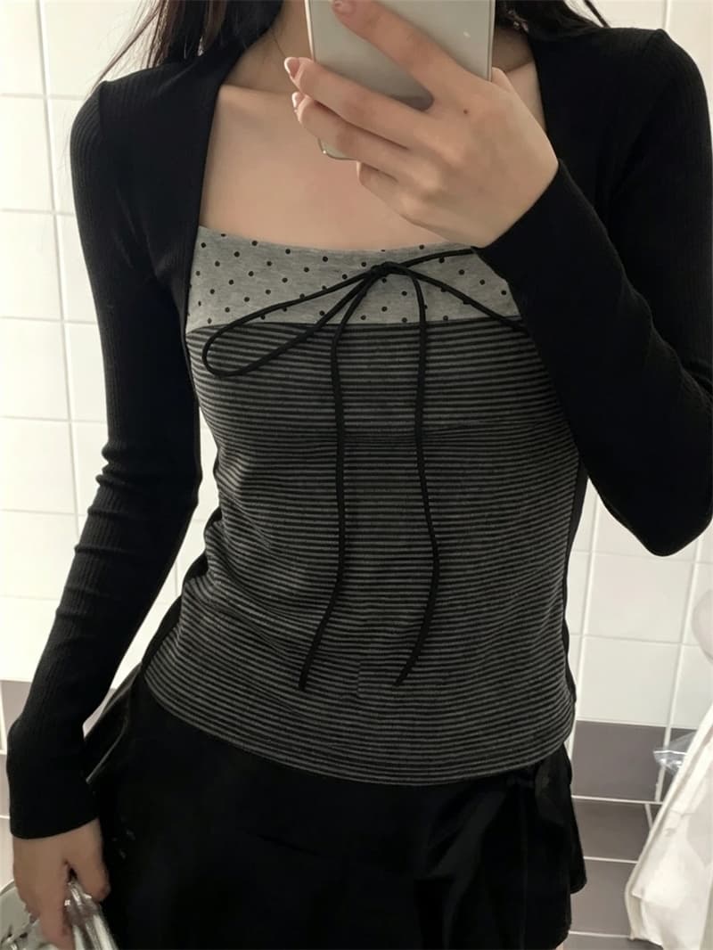 실사 한 부서 광장 칼라 배색 나비 매듭 페이크 레이어드 긴팔 티셔츠 여성 봄 가을 새로운 몸매 가꾸기 기본 셔츠 맨위 상세 이미지 5