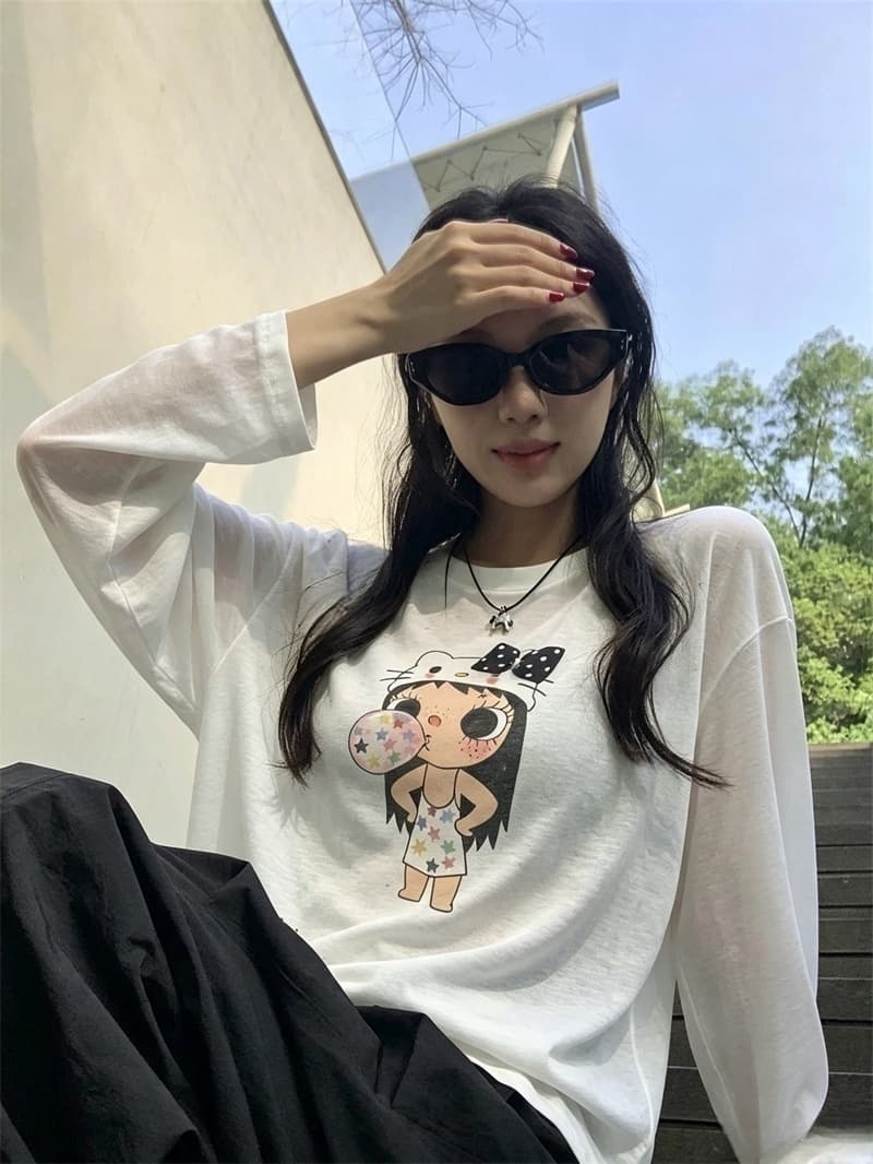 실사 이른 가을 새로운 한국 스타일 귀여운 만화 스프레이 인쇄 긴팔 티셔츠 여성 이미지 2