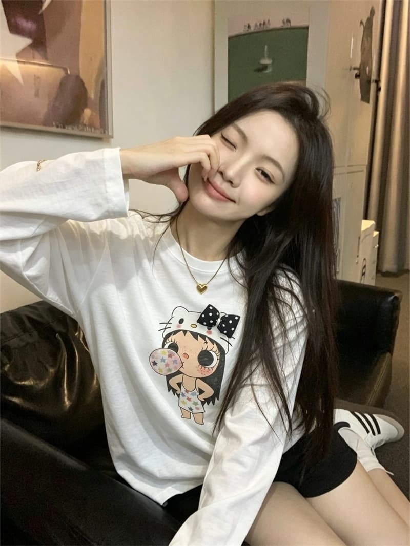 실사 이른 가을 새로운 한국 스타일 귀여운 만화 스프레이 인쇄 긴팔 티셔츠 여성 이미지 4