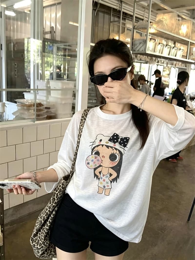 실사 이른 가을 새로운 한국 스타일 귀여운 만화 스프레이 인쇄 긴팔 티셔츠 여성 상세 이미지 13