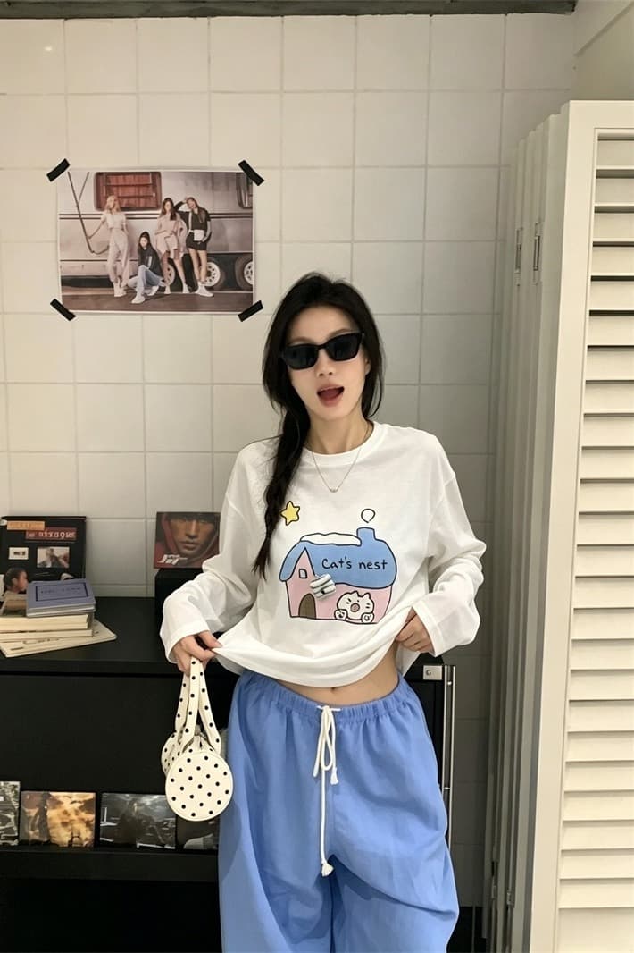 실사 이른 가을 새로운 한국 스타일 귀여운 만화 스프레이 인쇄 긴팔 티셔츠 여성 이미지 5