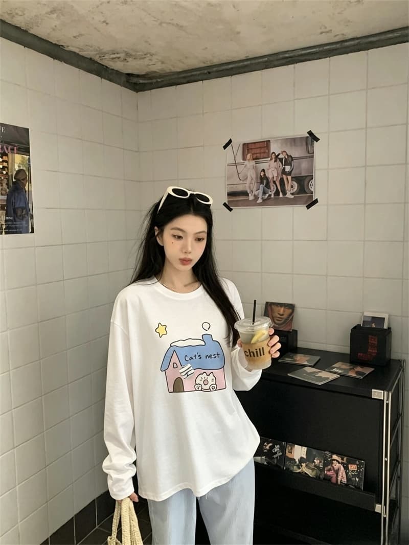 실사 이른 가을 새로운 한국 스타일 귀여운 만화 스프레이 인쇄 긴팔 티셔츠 여성 상세 이미지 8