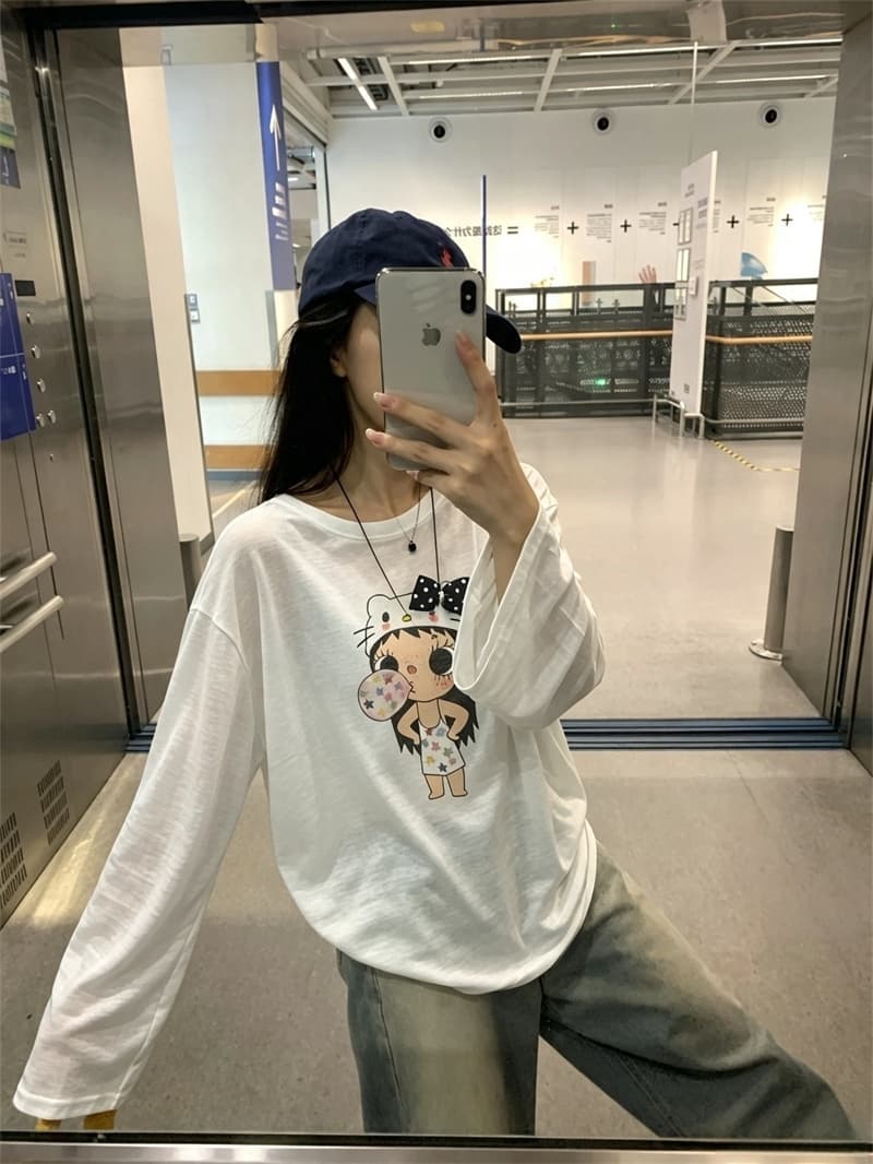 실사 이른 가을 새로운 한국 스타일 귀여운 만화 스프레이 인쇄 긴팔 티셔츠 여성 상세 이미지 12