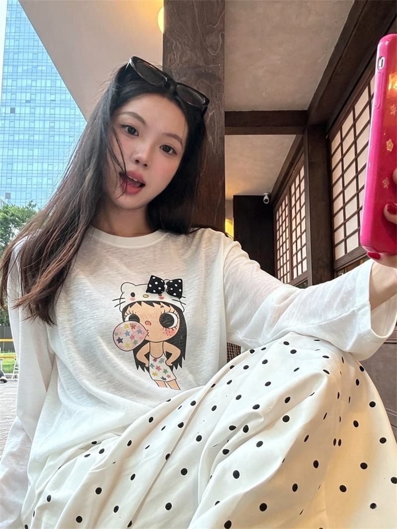 실사 이른 가을 새로운 한국 스타일 귀여운 만화 스프레이 인쇄 긴팔 티셔츠 여성 상세 이미지 14