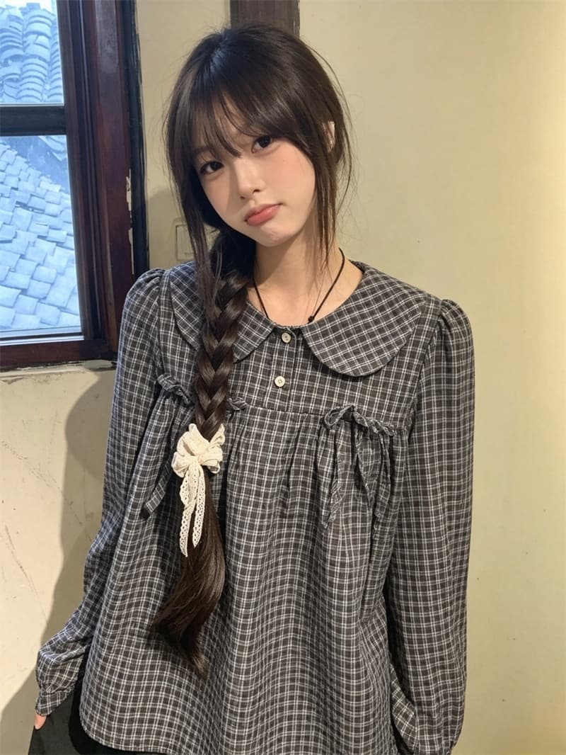 실사 한 부서 베이비 칼라 체크무늬 긴팔 셔츠 한국 스타일 학생 연령 감소 셔츠 여성 이미지 3