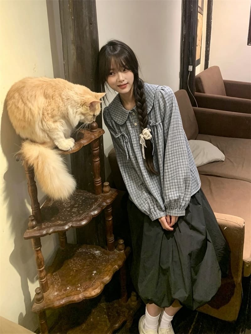 실사 한 부서 베이비 칼라 체크무늬 긴팔 셔츠 한국 스타일 학생 연령 감소 셔츠 여성 이미지 4