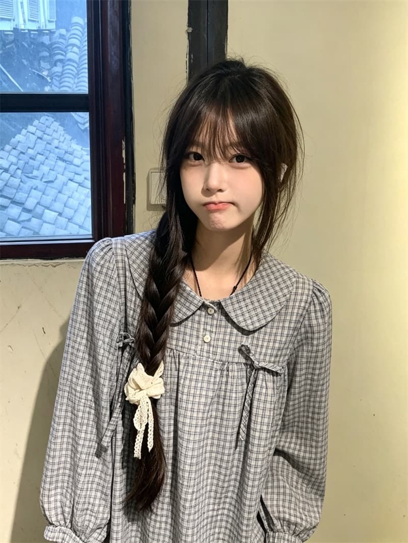 실사 한 부서 베이비 칼라 체크무늬 긴팔 셔츠 한국 스타일 학생 연령 감소 셔츠 여성 상세 이미지 2