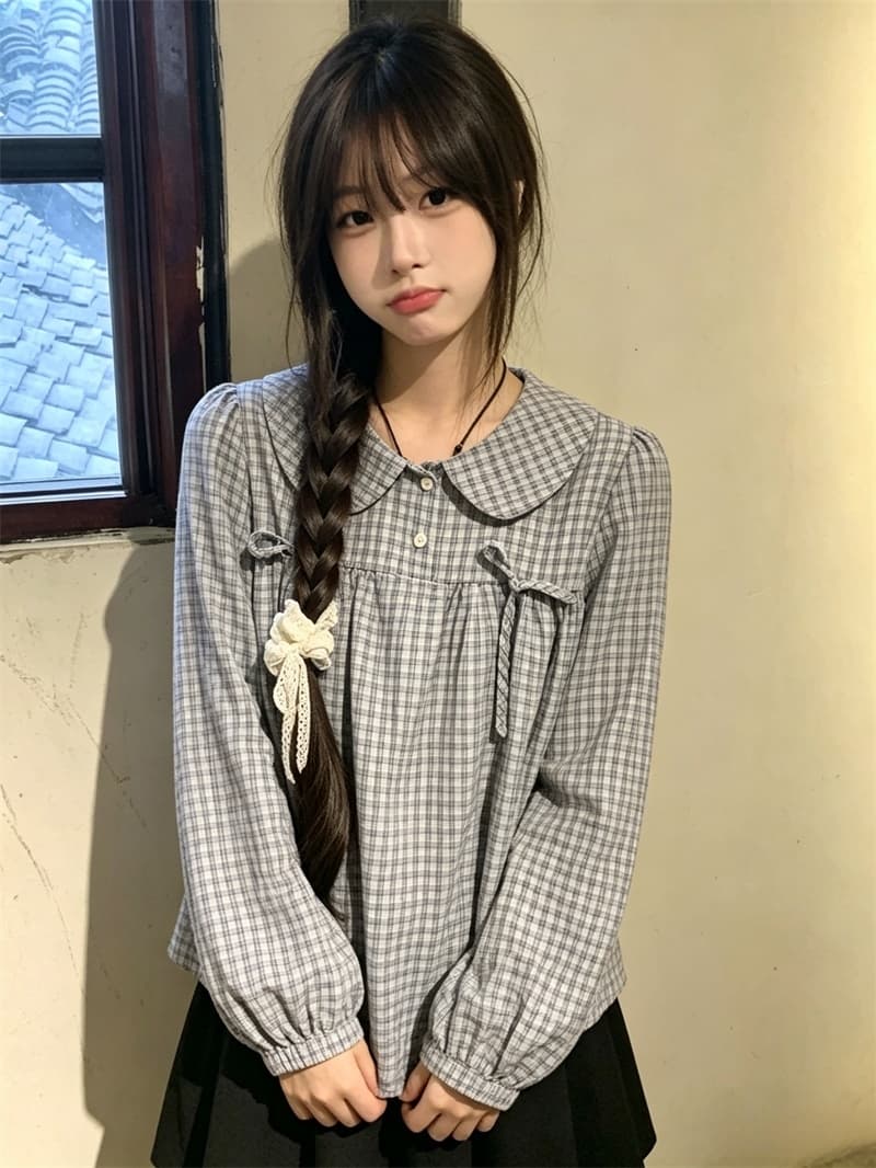 실사 한 부서 베이비 칼라 체크무늬 긴팔 셔츠 한국 스타일 학생 연령 감소 셔츠 여성 상세 이미지 5