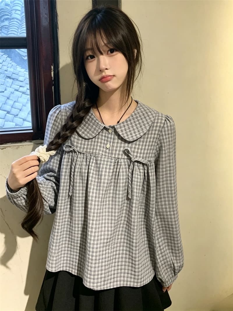 실사 한 부서 베이비 칼라 체크무늬 긴팔 셔츠 한국 스타일 학생 연령 감소 셔츠 여성 상세 이미지 6
