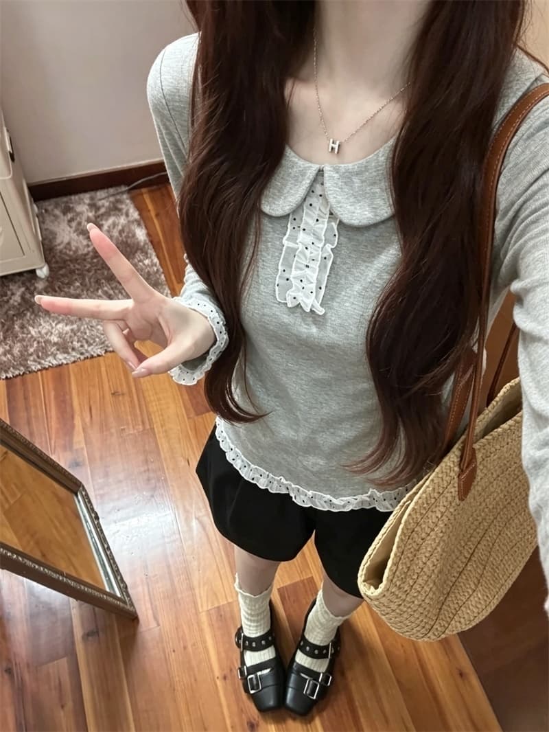 실사 한 부서 달콤함 귀여운 베이비 칼라 긴팔 티셔츠 여성 가을 새로운 이미지 3
