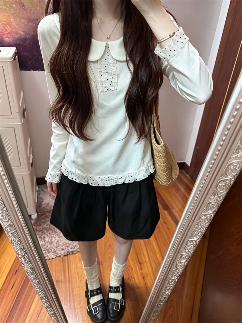 실사 한 부서 달콤함 귀여운 베이비 칼라 긴팔 티셔츠 여성 가을 새로운