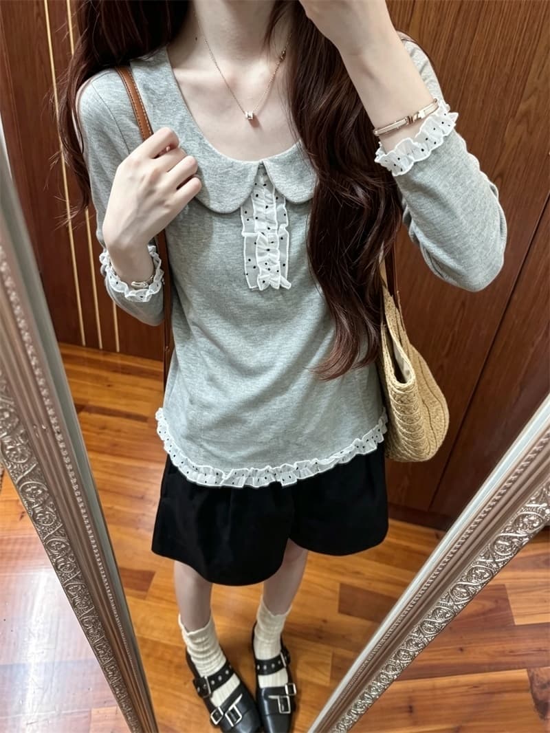 실사 한 부서 달콤함 귀여운 베이비 칼라 긴팔 티셔츠 여성 가을 새로운 이미지 4