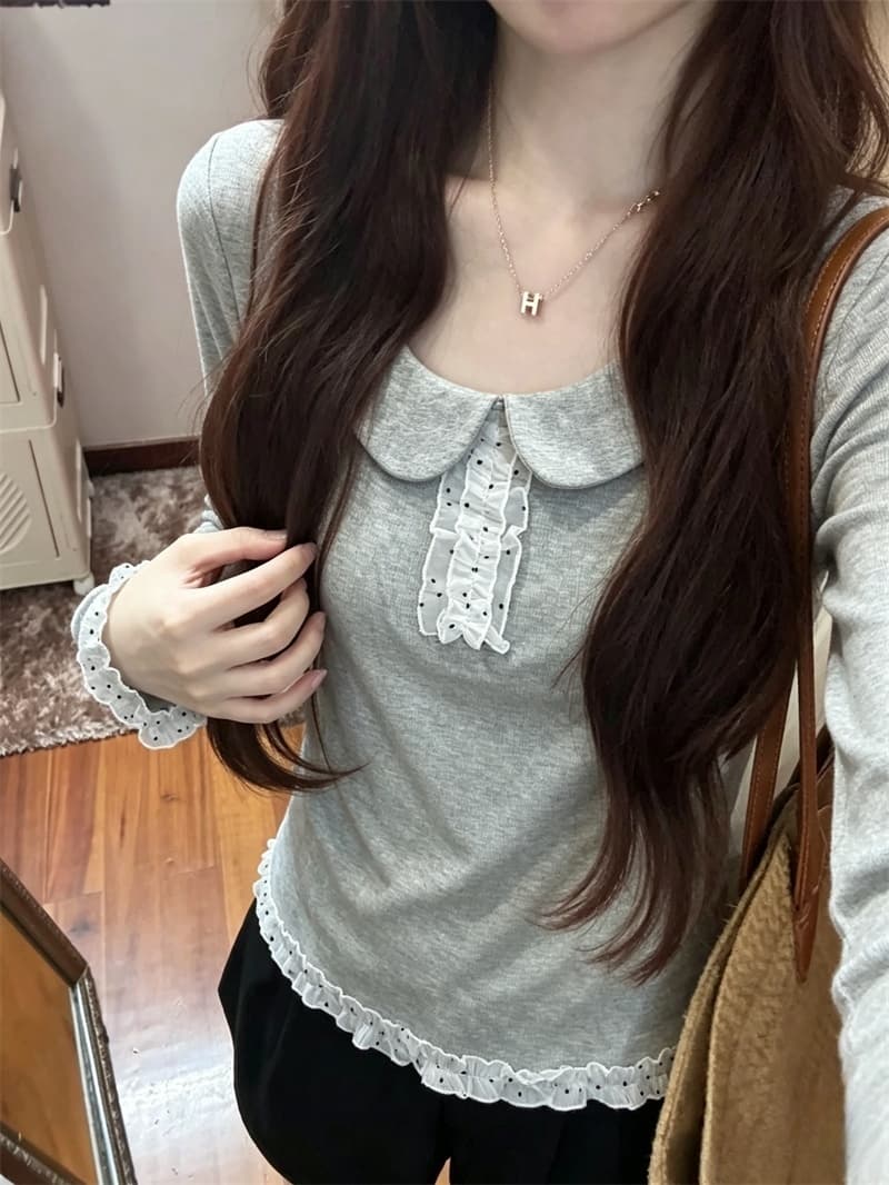 실사 한 부서 달콤함 귀여운 베이비 칼라 긴팔 티셔츠 여성 가을 새로운 상세 이미지 2