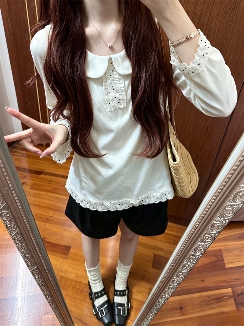 실사 한 부서 달콤함 귀여운 베이비 칼라 긴팔 티셔츠 여성 가을 새로운 상세 이미지 4
