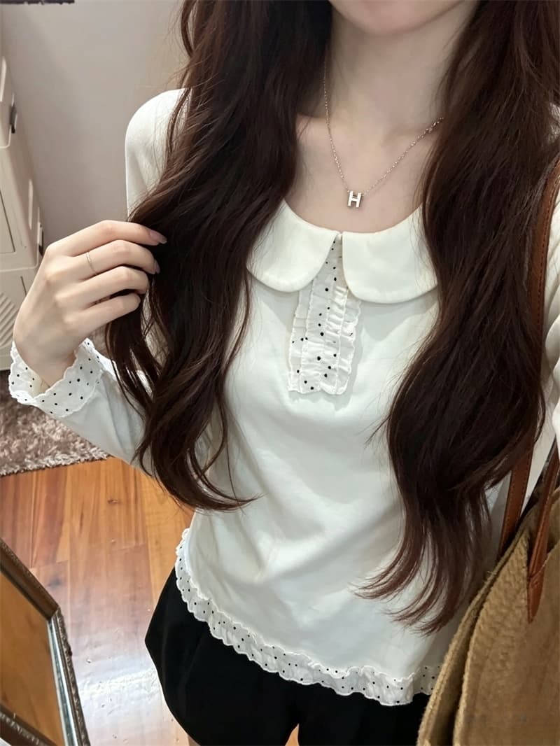 실사 한 부서 달콤함 귀여운 베이비 칼라 긴팔 티셔츠 여성 가을 새로운 상세 이미지 6