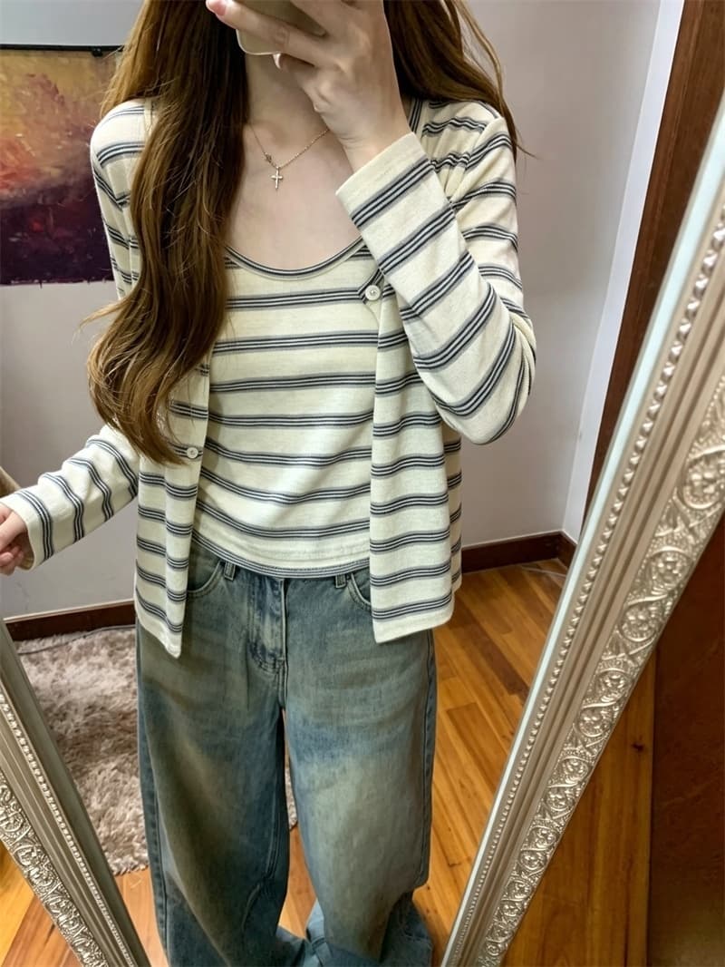 실사 이른 가을 새로운 한국 스타일 미니멀리즘 캐주얼 스트라이프 조끼 오픈 가디건 투피스 세트 여성 이미지 2