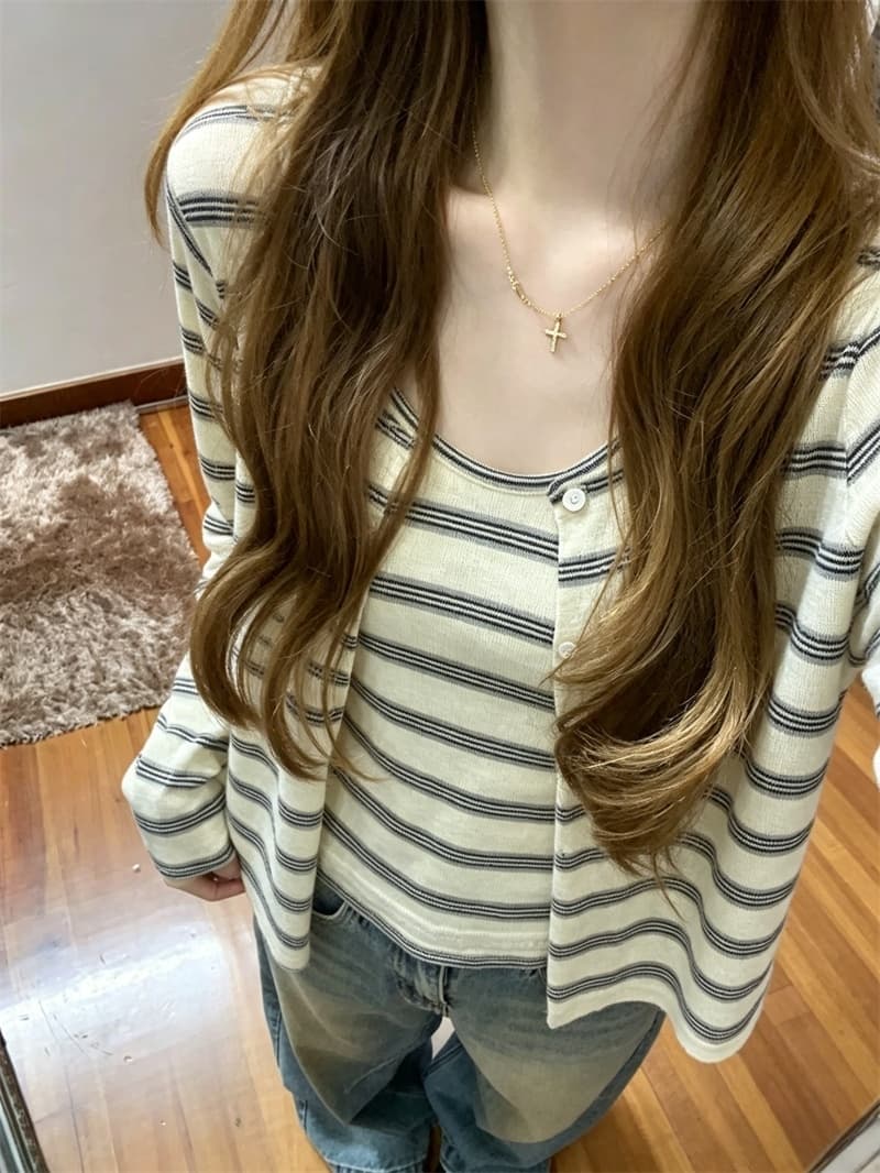 실사 이른 가을 새로운 한국 스타일 미니멀리즘 캐주얼 스트라이프 조끼 오픈 가디건 투피스 세트 여성 상세 이미지 1