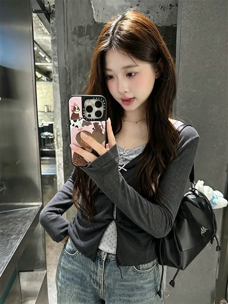 실사 한 부서 달콤함 페이크 레이어드 대 신축성 몸매 가꾸기 슬림해 보이는 긴팔 티셔츠 여성 상세 이미지 1