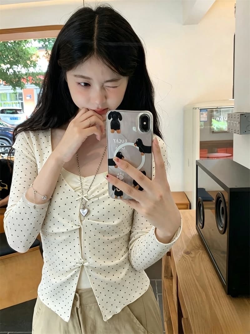 실사 한 부서 달콤함 페이크 레이어드 대 신축성 몸매 가꾸기 슬림해 보이는 긴팔 티셔츠 여성 이미지 4