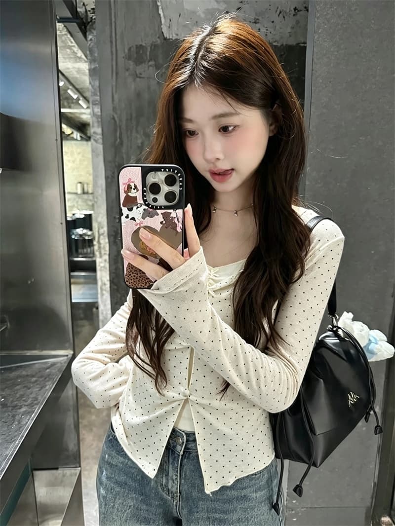 실사 이른 가을 새로운 한 부서 달콤함 페이크 레이어드 맨위 연령 감소 대 신축성 몸매 가꾸기 슬림해 보이는 긴팔 티셔츠 여성 상세 이미지 3