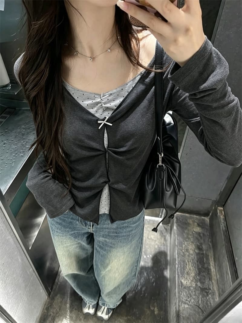 실사 이른 가을 새로운 한 부서 달콤함 페이크 레이어드 맨위 연령 감소 대 신축성 몸매 가꾸기 슬림해 보이는 긴팔 티셔츠 여성 상세 이미지 8