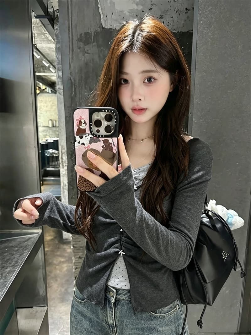 실사 이른 가을 새로운 한 부서 달콤함 페이크 레이어드 맨위 연령 감소 대 신축성 몸매 가꾸기 슬림해 보이는 긴팔 티셔츠 여성 상세 이미지 9