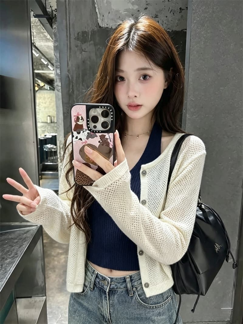 실사 이른 가을 새로운 자매 일상 행침 목 니트 조끼 홀로우 아웃 니트 오픈 가디건 투피스 세트 여성 상세 이미지 10