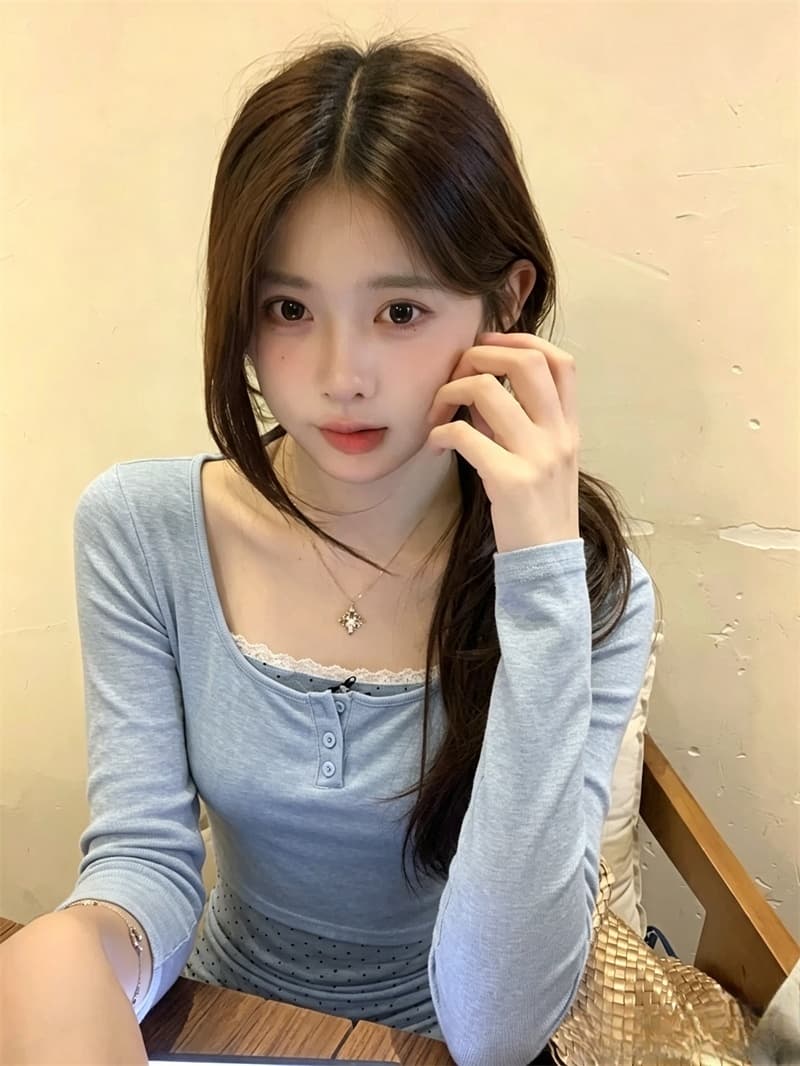실사 이른 가을 새로운 한 부서 디자인 센스 초강력 페이크 레이어드 티셔츠 꼬집기 허리 핀치 Pleat 종이 사람들 맨위 여성 이미지 3