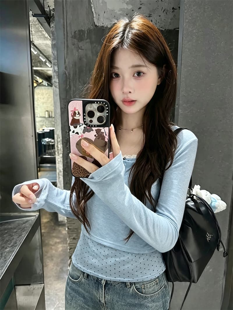 실사 이른 가을 새로운 한 부서 디자인 센스 초강력 페이크 레이어드 티셔츠 꼬집기 허리 핀치 Pleat 종이 사람들 맨위 여성 상세 이미지 1