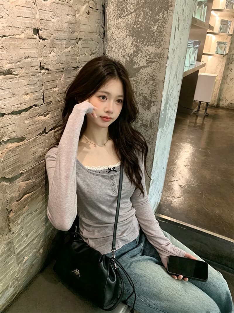 실사 이른 가을 새로운 한 부서 디자인 센스 초강력 페이크 레이어드 티셔츠 꼬집기 허리 핀치 Pleat 종이 사람들 맨위 여성 상세 이미지 7