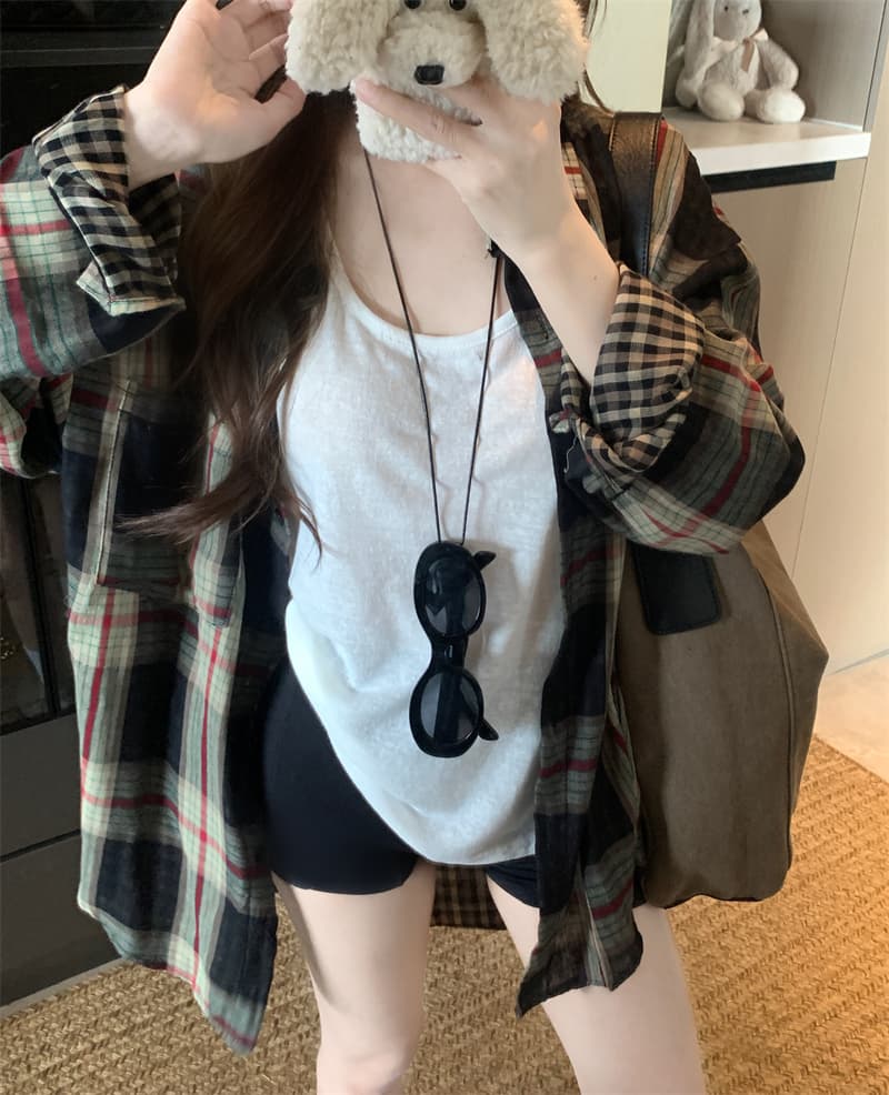 실사 대 물품 이른 가을 새로운 느슨함 느긋한 디자인 센스 체크무늬 셔츠 여성 상세 이미지 3