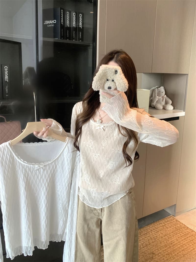 실사 이른 가을 레이스 V넥 나비 매듭 긴팔 한 부서 ins 슬림해 보이는 Tulle 만나는 맨위 작은 셔츠 여성