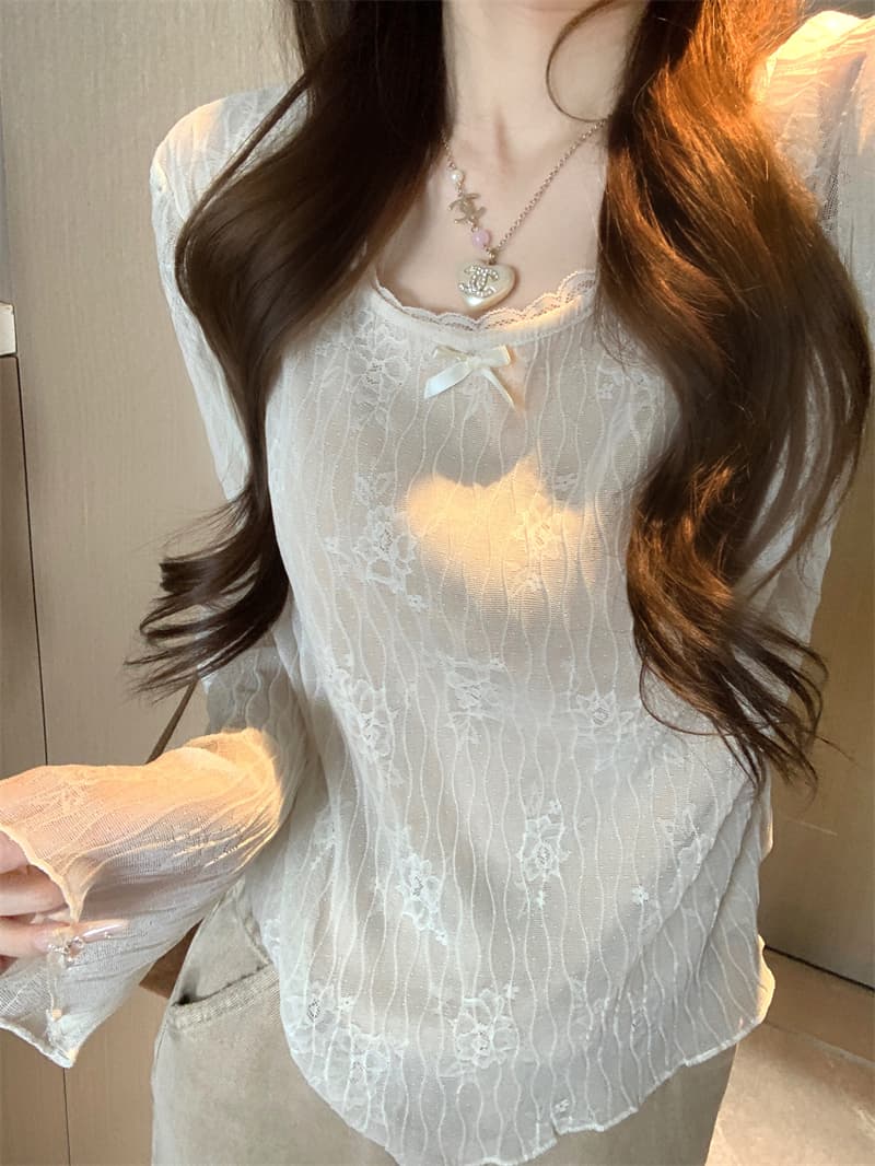 실사 이른 가을 레이스 V넥 나비 매듭 긴팔 한 부서 ins 슬림해 보이는 Tulle 만나는 맨위 작은 셔츠 여성 이미지 2
