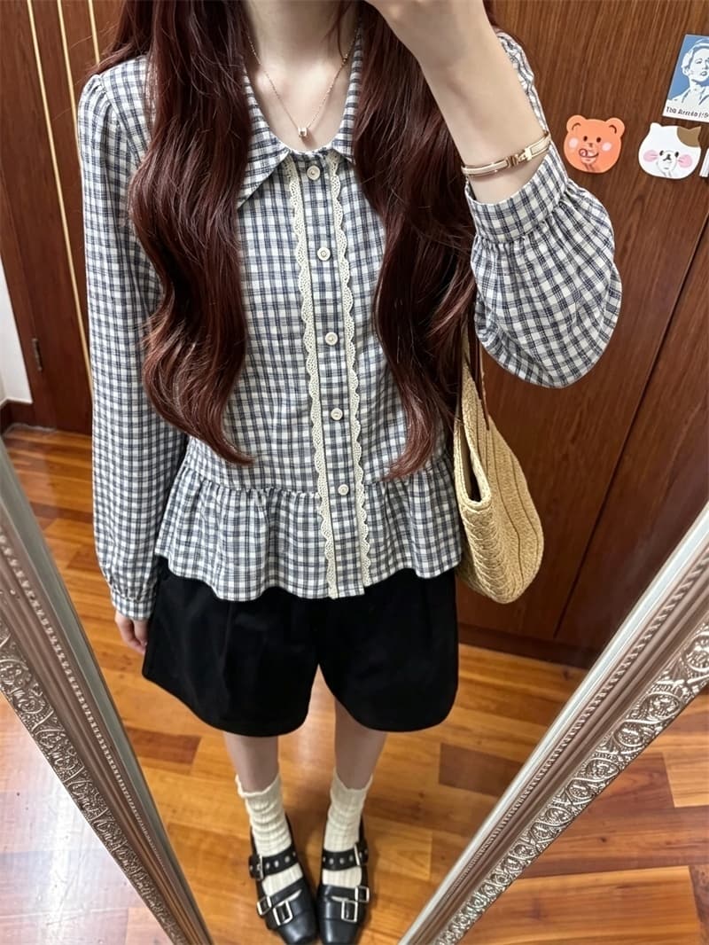 실사 한 부서 베이비 칼라 체크무늬 긴팔 셔츠 한국 스타일 학생 연령 감소 셔츠 여성 이미지 2