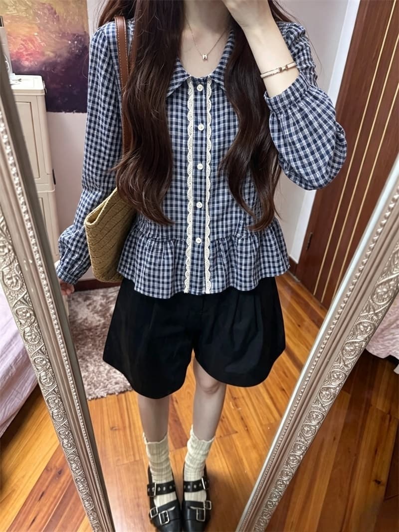 실사 한 부서 베이비 칼라 체크무늬 긴팔 셔츠 한국 스타일 학생 연령 감소 셔츠 여성 상세 이미지 3