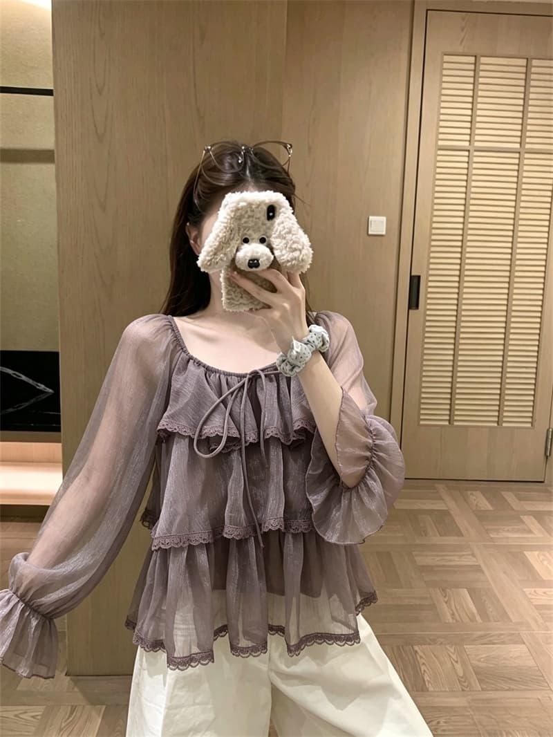 실사 가을 새로운 프릴 케이크 층 쉬폰 여성 셔츠 디자인 센스 초강력 긴팔 작은 셔츠 이미지 2