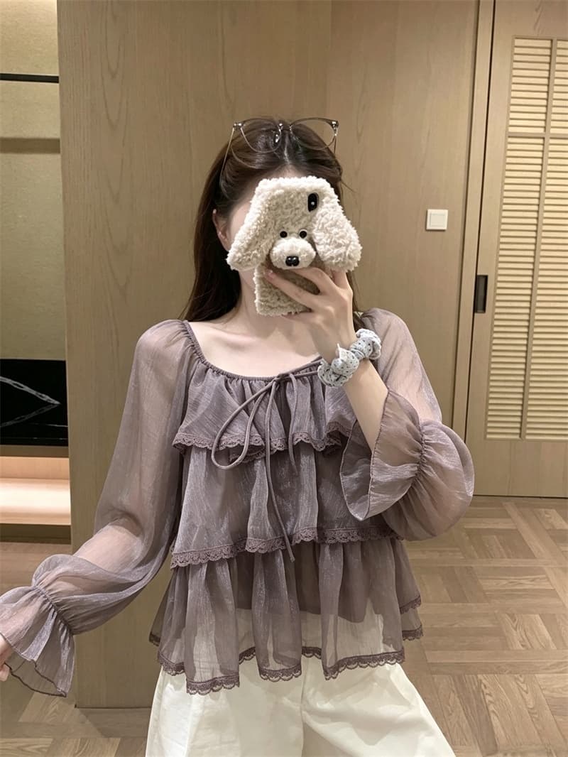 실사 가을 새로운 프릴 케이크 층 쉬폰 여성 셔츠 디자인 센스 초강력 긴팔 작은 셔츠 상세 이미지 5