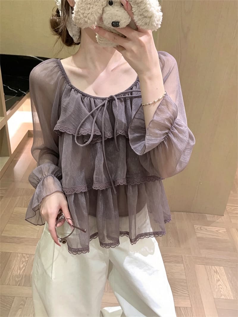 실사 가을 새로운 프릴 케이크 층 쉬폰 여성 셔츠 디자인 센스 초강력 긴팔 작은 셔츠 상세 이미지 6