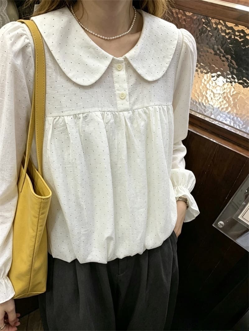실사 한 부서 달콤함 베이비 칼라 작은 도트 무늬 셔츠 학원 스타일 꽃밭 맨위 슬림해 보이는 연령 감소 셔츠 여성 상세 이미지 5