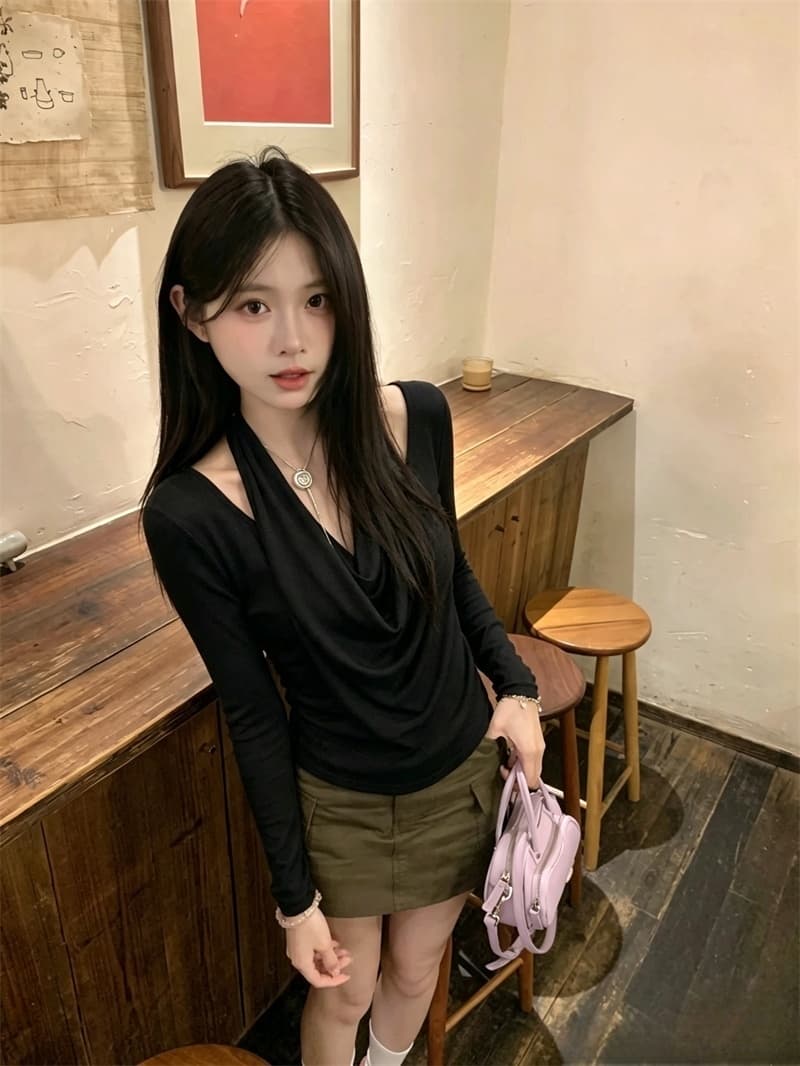 실사 디자인 센스 초강력 이른 가을 새로운 대 신축성 행침 목 페이크 레이어드 티셔츠 종이 사람들 맨위 여성 이미지 2