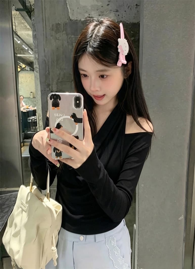실사 디자인 센스 초강력 이른 가을 새로운 대 신축성 행침 목 페이크 레이어드 티셔츠 종이 사람들 맨위 여성 상세 이미지 2