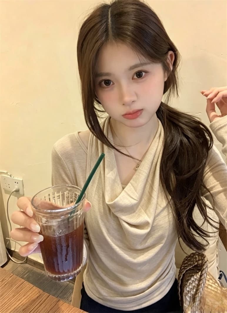 실사 디자인 센스 초강력 이른 가을 새로운 대 신축성 행침 목 페이크 레이어드 티셔츠 종이 사람들 맨위 여성 상세 이미지 10