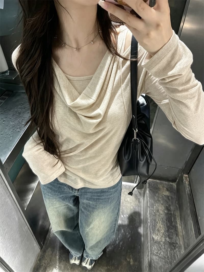 실사 디자인 센스 초강력 이른 가을 새로운 대 신축성 행침 목 페이크 레이어드 티셔츠 종이 사람들 맨위 여성 상세 이미지 12