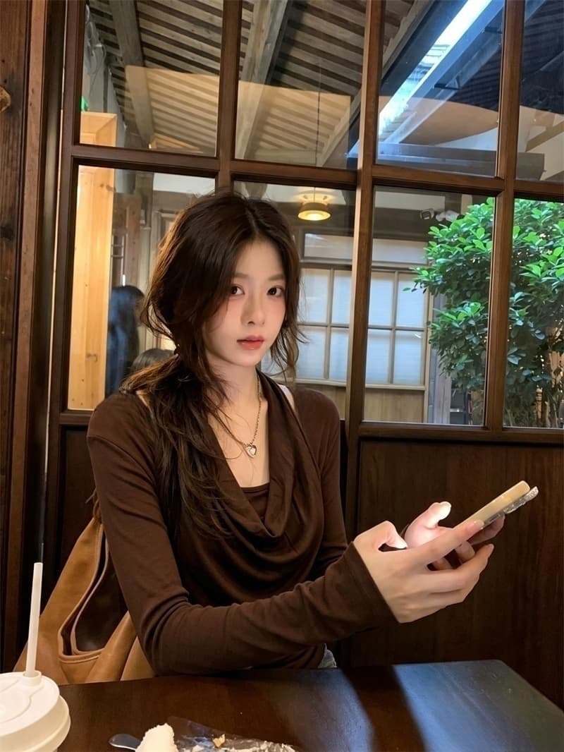 실사 디자인 센스 초강력 이른 가을 새로운 대 신축성 행침 목 페이크 레이어드 티셔츠 종이 사람들 맨위 여성 상세 이미지 13