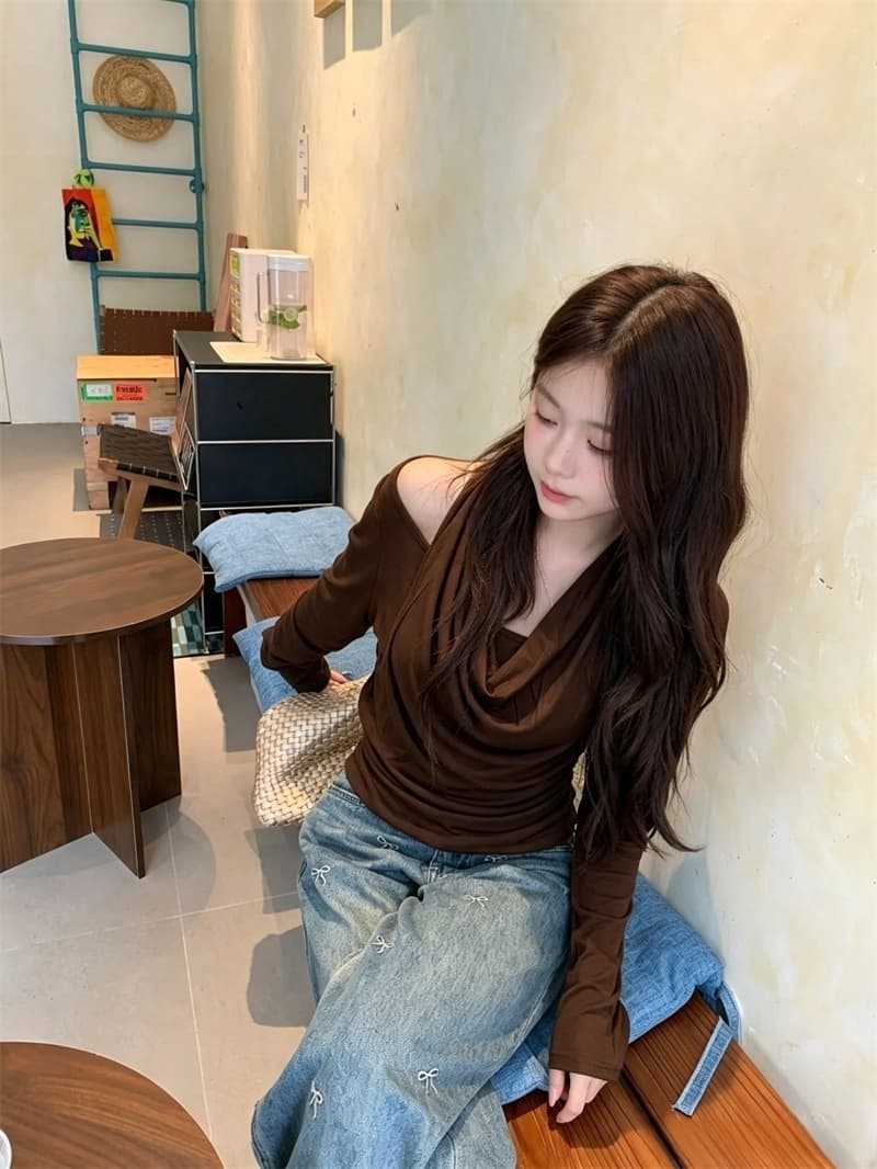 실사 디자인 센스 초강력 이른 가을 새로운 대 신축성 행침 목 페이크 레이어드 티셔츠 종이 사람들 맨위 여성 상세 이미지 14