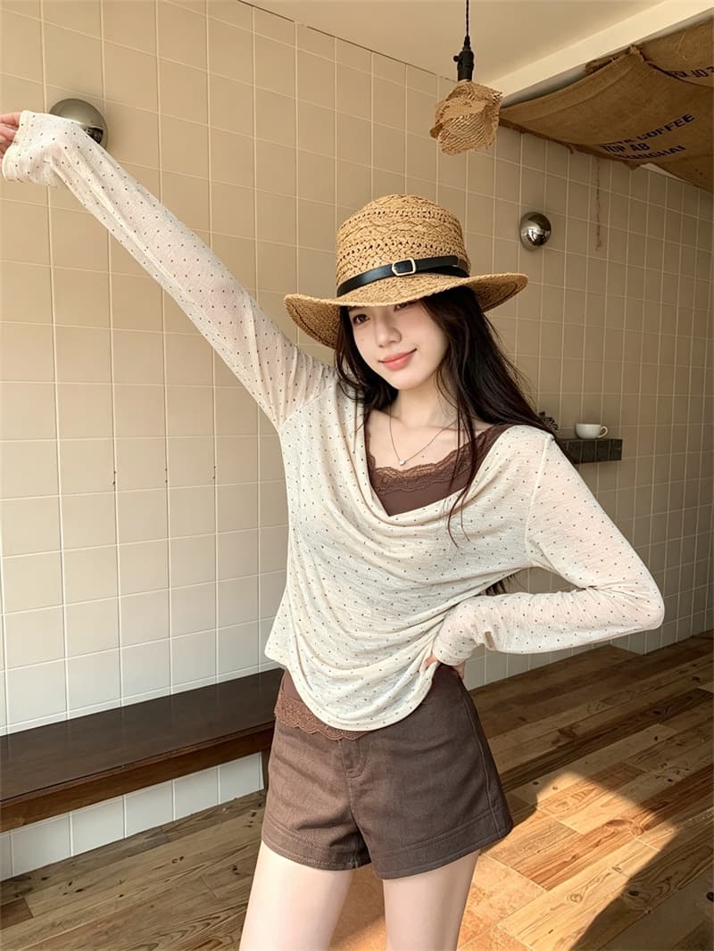 실사 디자인 센스 초강력 가을 새로운 레이스 조각 페이크 레이어드 티셔츠 긴팔 종이 사람들 맨위 여성 상세 이미지 8